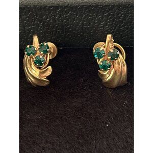Vintage Gold-Tone Screw Back Earrings W/ Green Rhinestone & Swirl Design